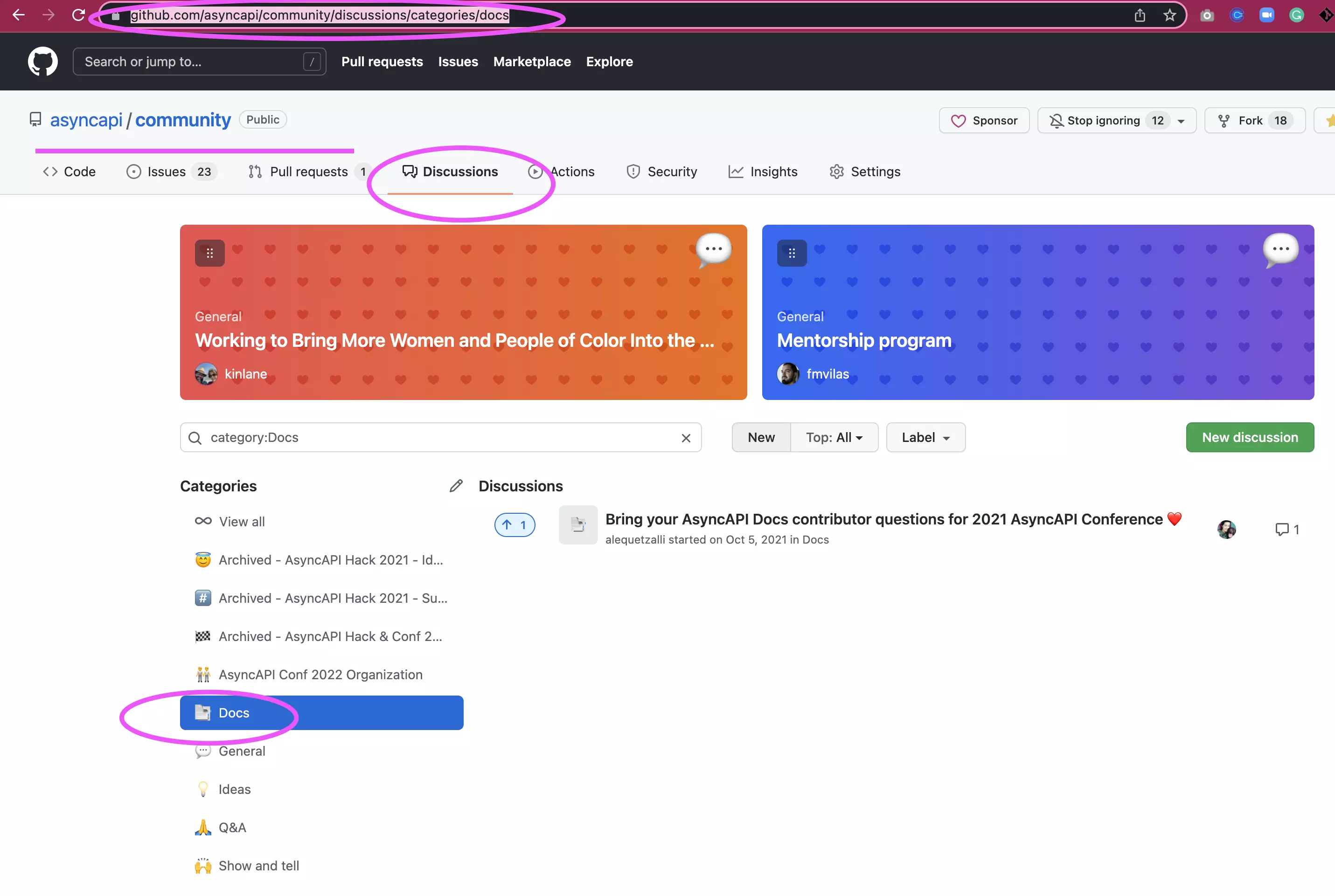 A screenshot of AsyncAPI GitHub Discussions for the Docs category